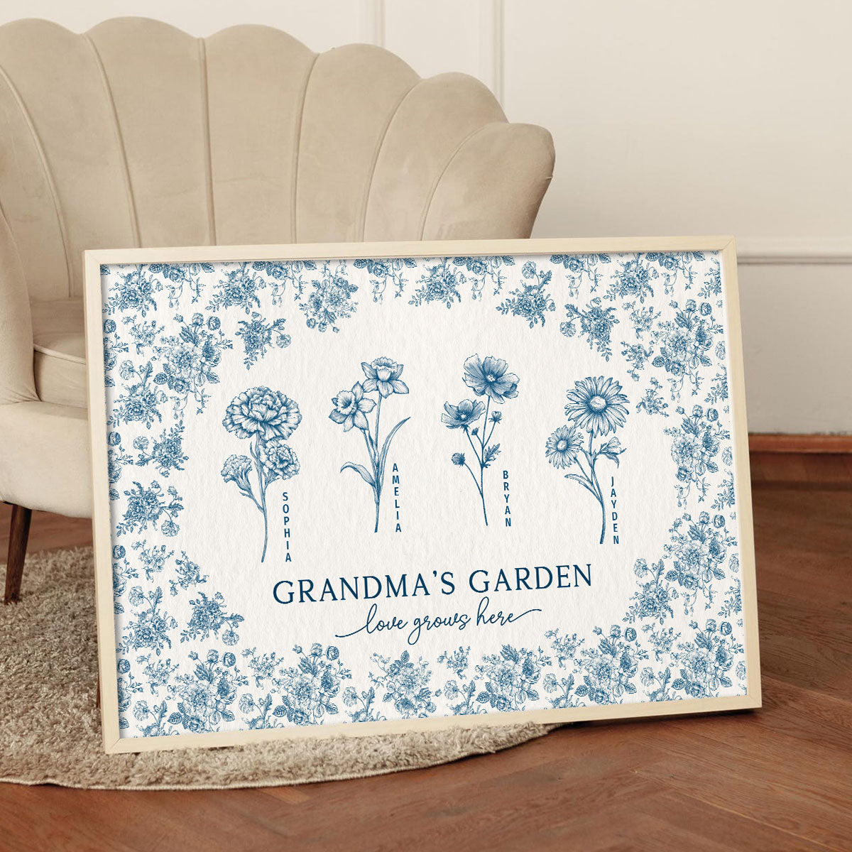 Vintage Blue Floral Pattern Grandma's Garden Personalized Poster