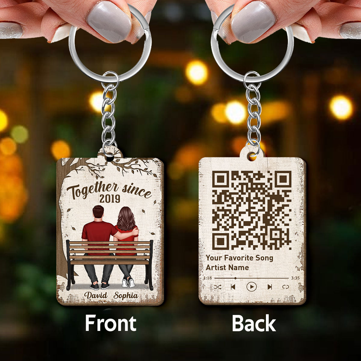 Couple Sitting On Bench Under Tree Favorite Song QR Code Personalized Wooden Keychain