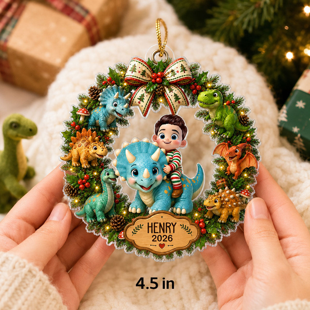 Trending Cute Cartoon Kid With Dinosaur - Personalized Acrylic Ornament - Christmas Gift For Boys, Girls