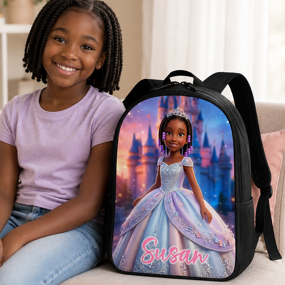 Blue Princess Portrait - Personalized Backpack - Back to School Gift for Daughter, Granddaughter, Niece