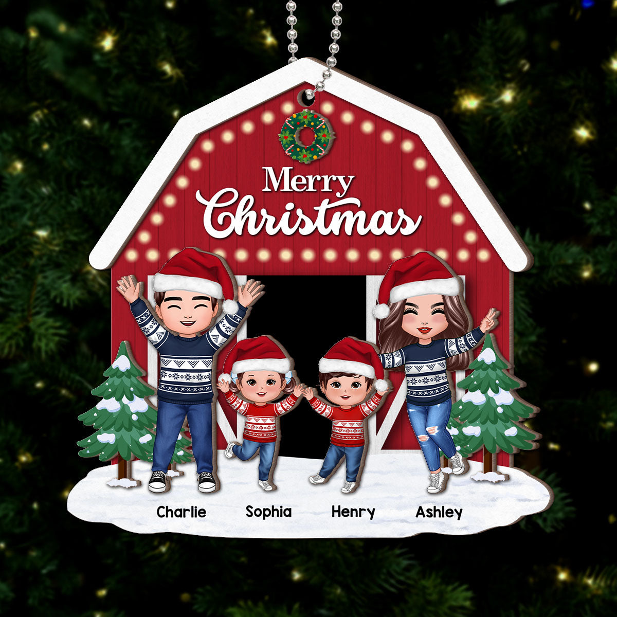 Christmas Farm House Family Decor Gift Personalized 2-Layer Wooden Ornament