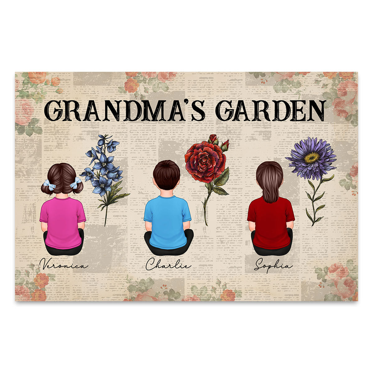 Newspaper Background Grandkids Sitting Grandma Garden Vintage Birth Month Flowers Personalized Horizontal Poster