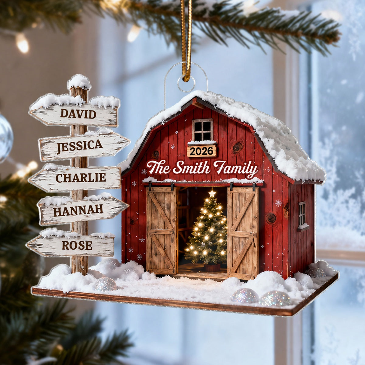 3D Effect Christmas Flat Nostalgia Barn House Family Sign Posts - Personalized Acrylic Ornament - Gift For Family, Farmhouse Decor