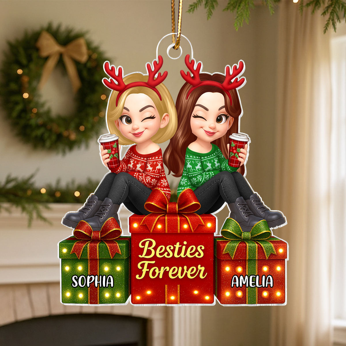 Besties Forever Beautiful Marquee Pattern Effect Gift Box Christmas - Personalized Acrylic Ornament