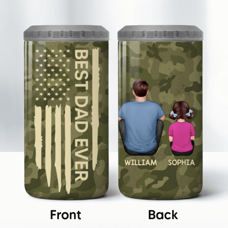 Best Dad Papa Grandpa Ever Nation Flag Back View Man & Kids Patriotic Gift For Husband Father Figures Personalized 4 In 1 Can Cooler