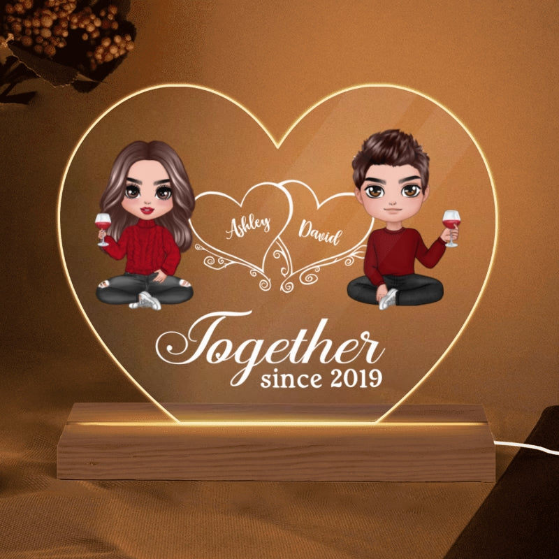 Hearts Doll Couple Sitting Gift For Him Gift For Her Personalized Custom Shape Acrylic Plaque With LED Night Light