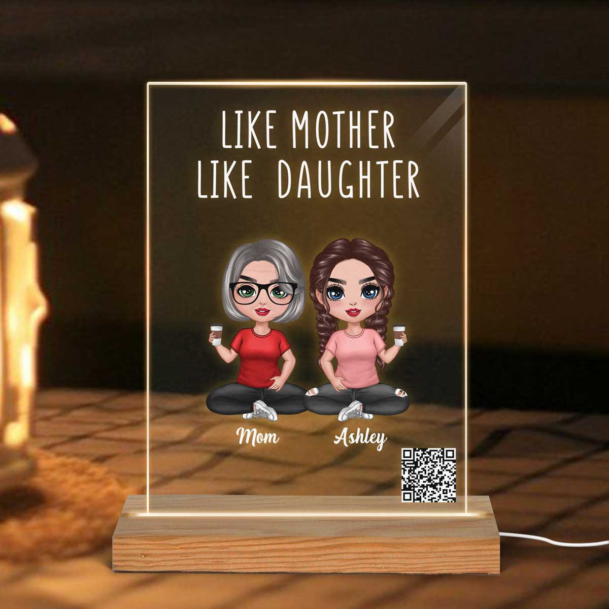 Like Mother Like Daughters Doll Mom And Daughters Sitting Scannable QR Code Gift For Mom Personalized Rectangle Acrylic Plaque With LED Night Light