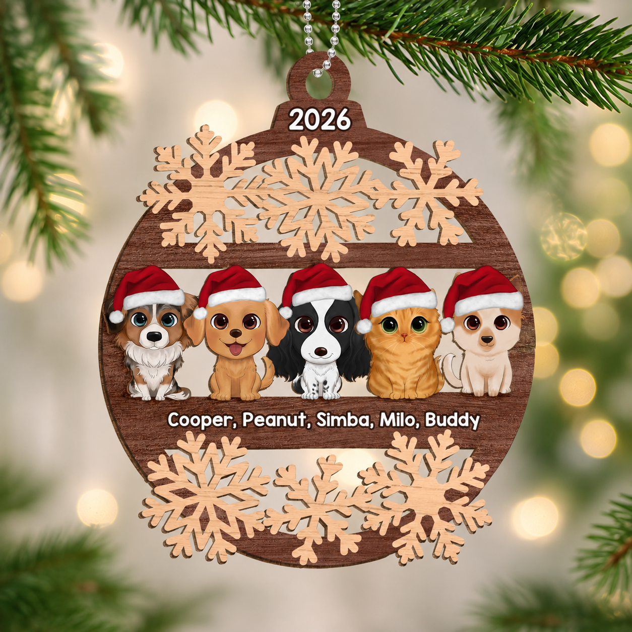 Snowflake Dogs Cats Christmas Sitting Personalized Wooden Ornament