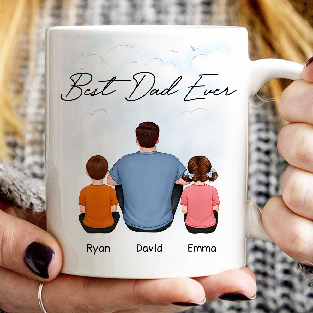 Back View Dad And Kids Dogs Cats Sitting Father‘s Day Gift For Dad Personalized Mug