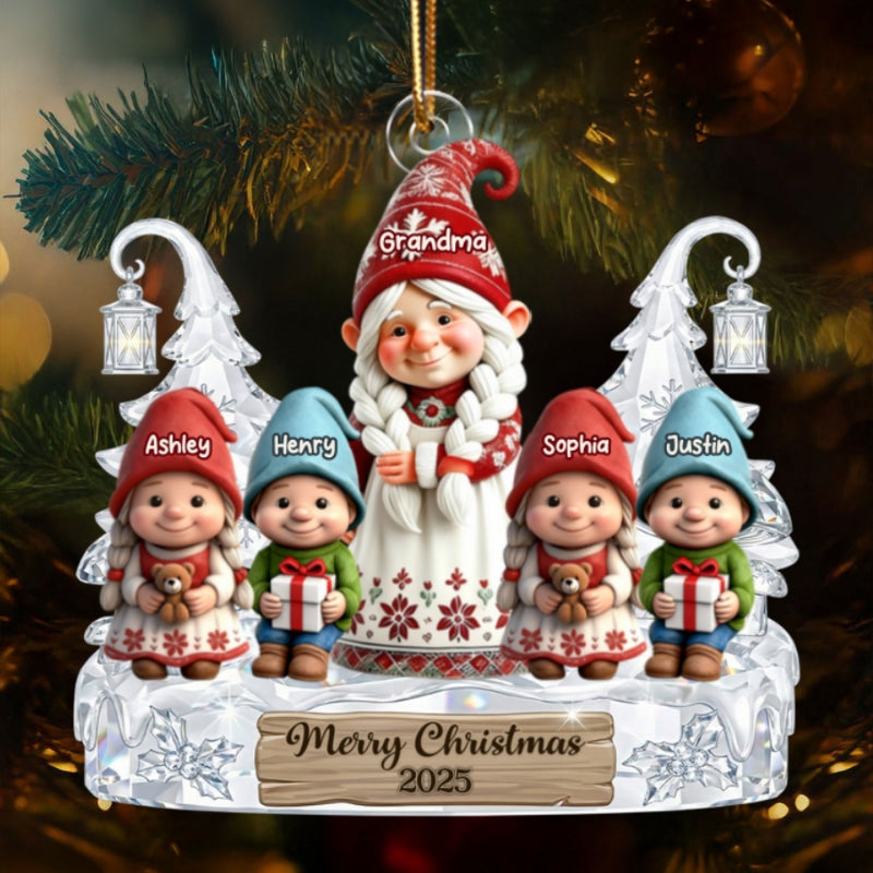 Gnome Grandma And Grandkids Pattern Crystal - Personalized Acrylic Ornament - Heartwarming Christmas Gift For Grandma, Family