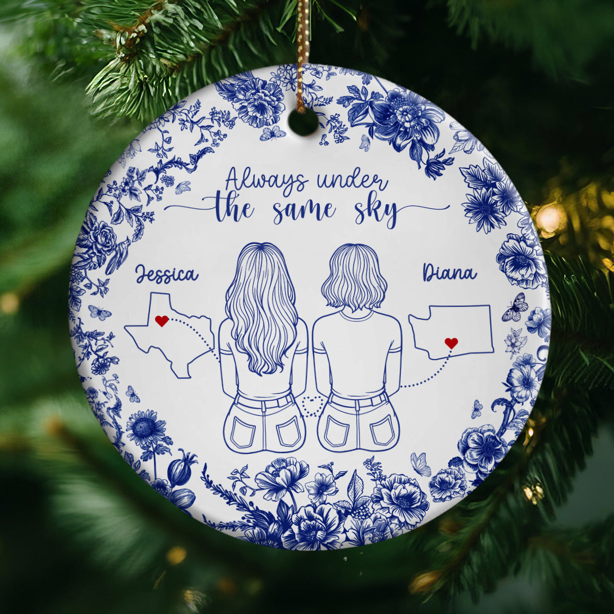 Chinoiserie Pattern Long Distance Besties State Map Personalized Ceramic Ornament