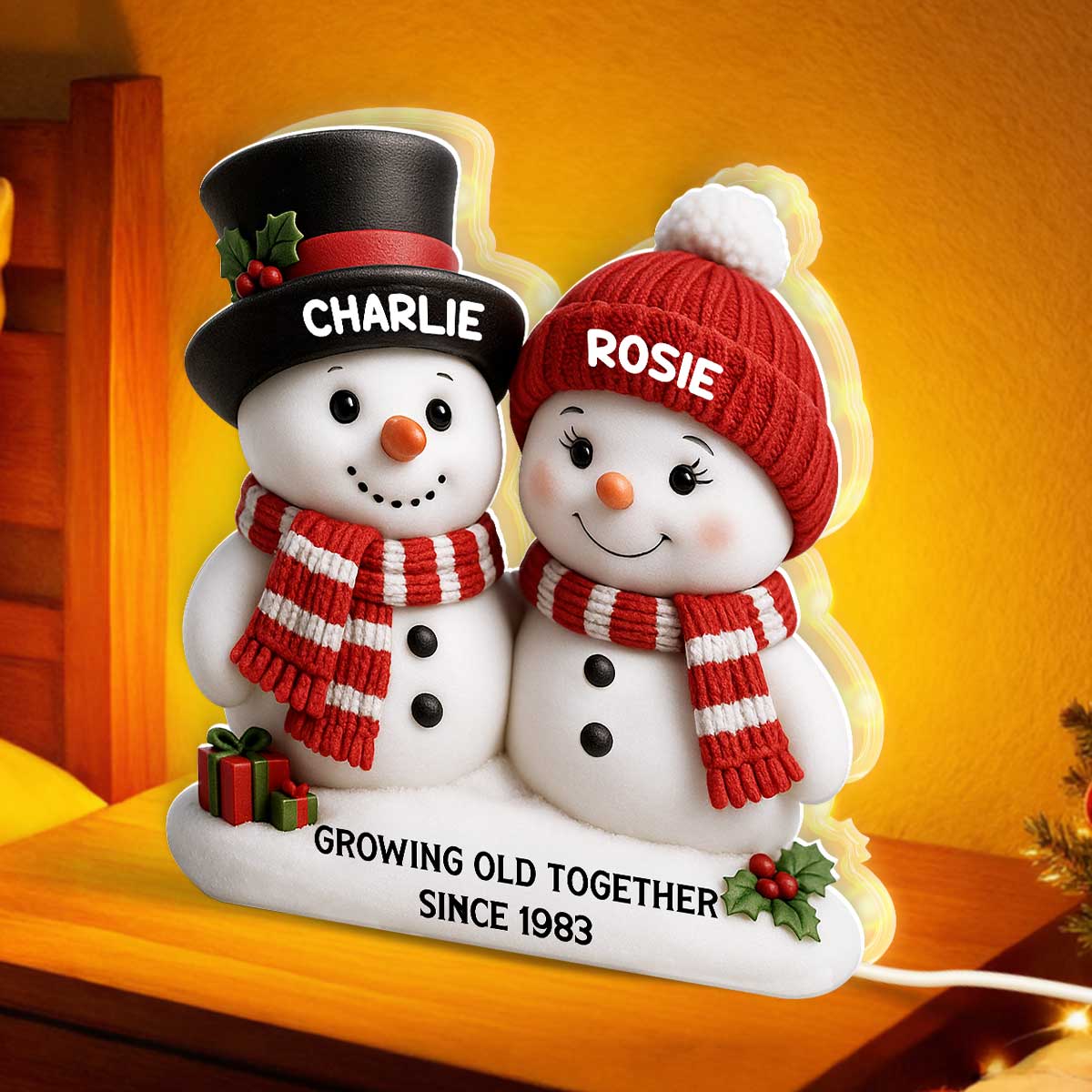 Christmas Snowman Couple Growing Old Together - Personalized Light Box - Gift For Couple