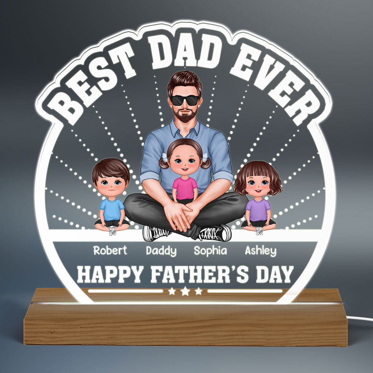 Best Dad Ever Man Sitting With Doll Kids Personalized Custom Shaped Acrylic Plaque With Warm LED Night Light