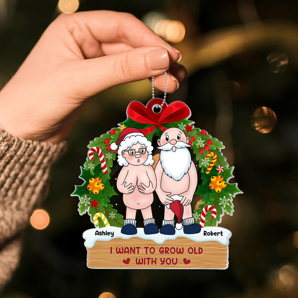 Funny Old Couple Christmas Wreath Personalized Acrylic Ornament