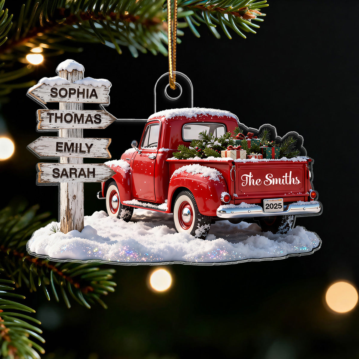 3D Effect Nostalgia Christmas Truck Family Sign Posts Custom Names - Personalized Acrylic Ornament - Gift For Family, Farmhouse Decor