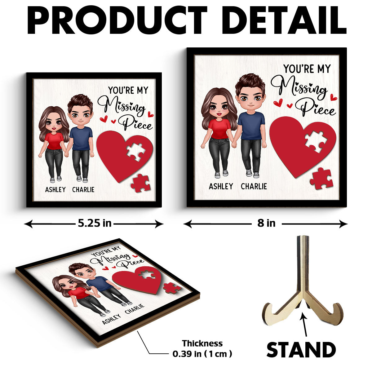 Standing Doll Couple Missing Piece Red Heart Valentine‘s Day Gift For Her Gift For Him Personalized 2-Layer Wooden Plaque