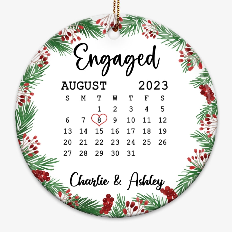 Holly Branch Simple Calendar Date First Christmas Couple Married Engaged Personalized Circle Ornament