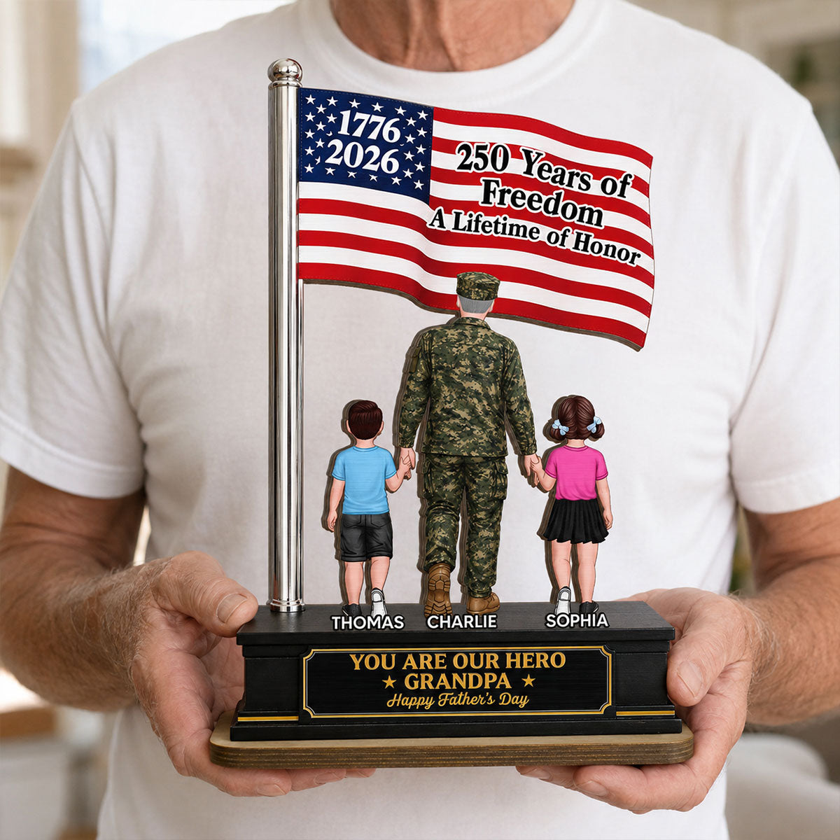 Proud American Army Military Veteran Grandpa Dad America 250th Anniversary - Personalized 2-Layered Wooden Plaque - Father's Day Gift For Dad, Grandpa Husband