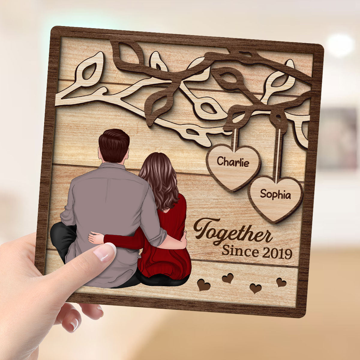 Back View Couple Sitting Under Tree Personalized 2-Layer Wooden Plaque