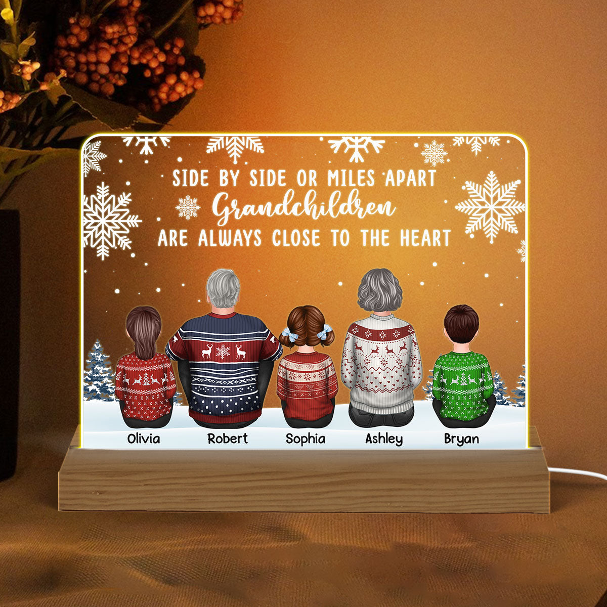 Back View Grandpa Grandma Grandkids Side By Side Snow Personalized Custom Shape Acrylic Plaque Warm LED Night Light