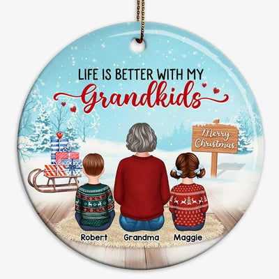 Grandma & Grandkids In Snow Personalized Circle Ornament