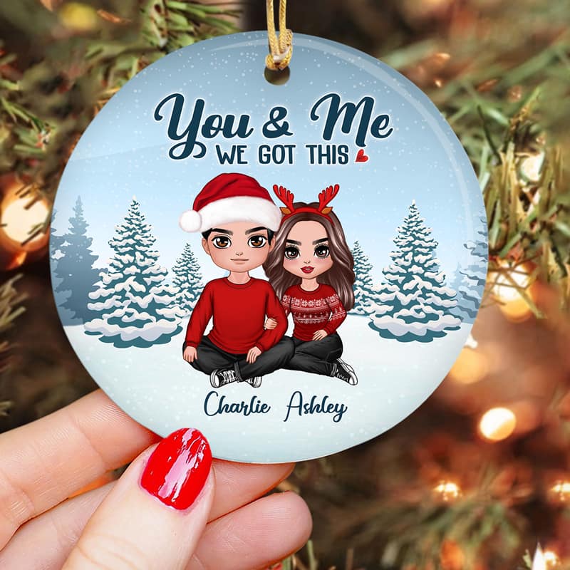 Embracing Couple Sitting In Snow Personalized Circle Ornament