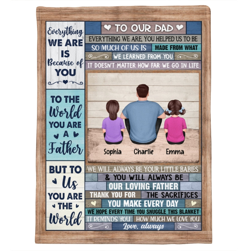 Blue Texture To My Dad Back View Man Kids Dog Cat Sitting Father‘s Day Gift Personalized Fleece Blanket
