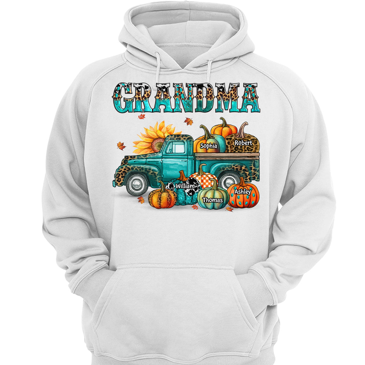 Fall Season Grandma Mom Teal And Leopard Patterned Pumpkins Truck Personalized Shirt