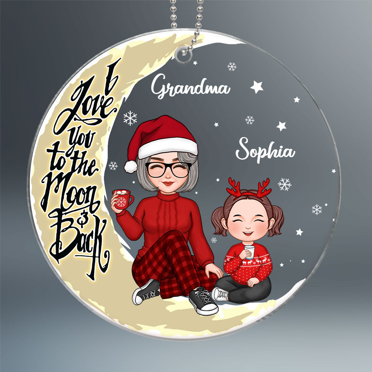Cute Grandma & Grandkids On Yellow Moon Personalized Acrylic Ornament