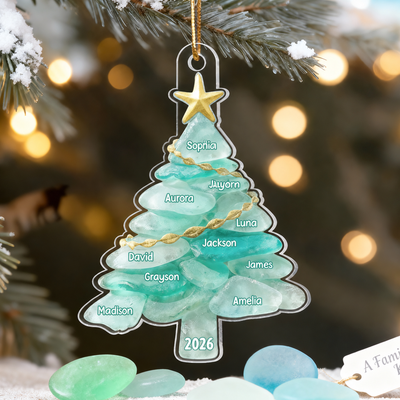 3D Sea Glass Effect Christmas Tree Family Member Name - Personalized Acrylic Ornament - Coastal Vibe Christmas Gift