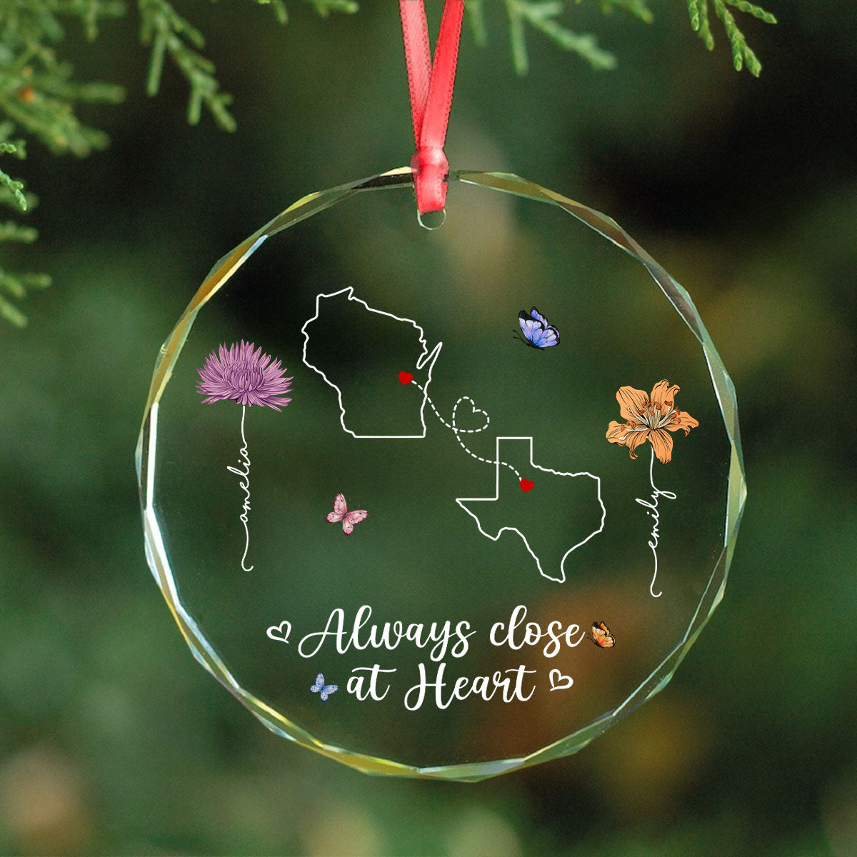 Birth Month Flowers Long Distance Besties Sisters Family Personalized Glass Ornament, Christmas Gift