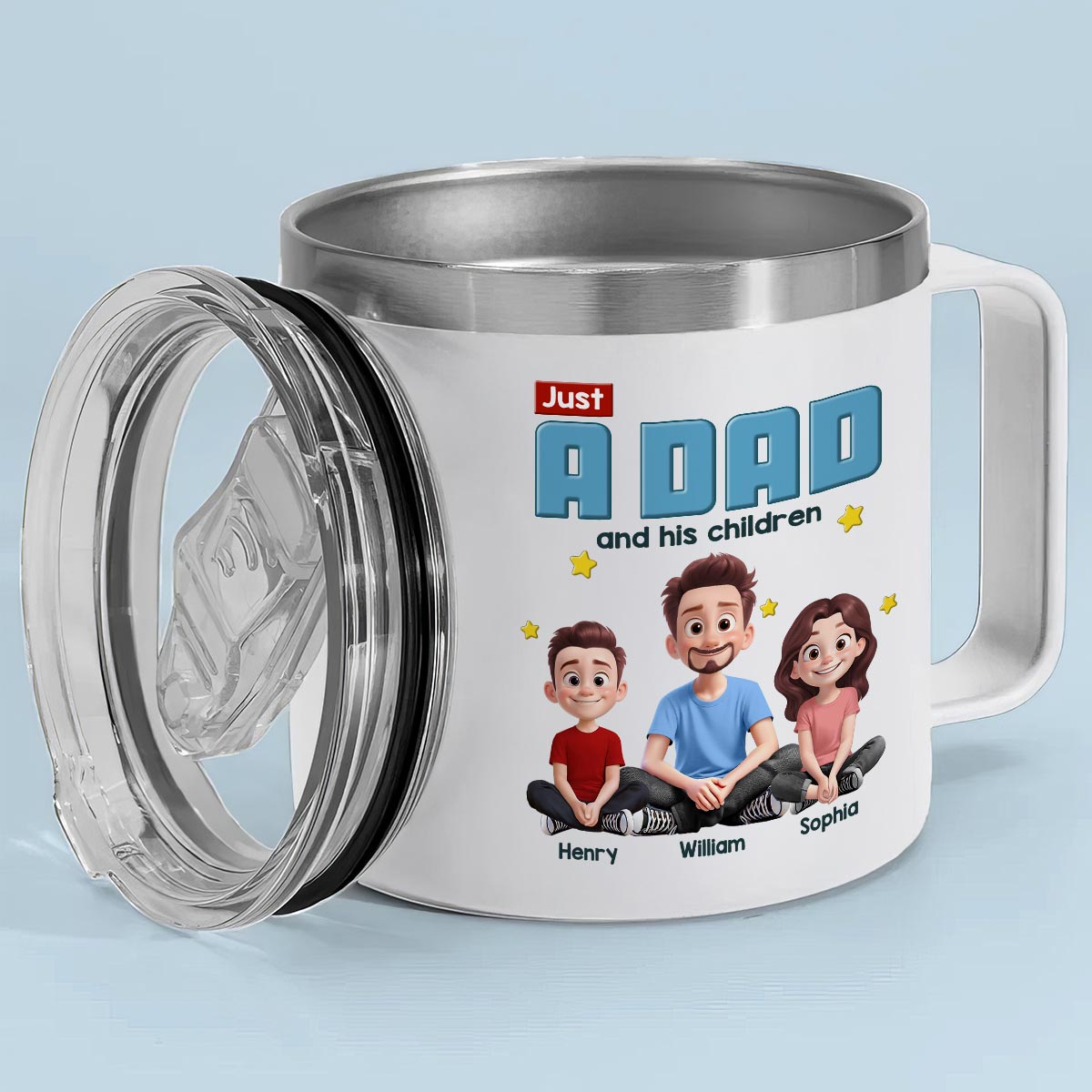 Just A Dad And His Kids Cartoon Funny Style Personalized Stainless Steel Tumbler With Handle, Gift For Dad
