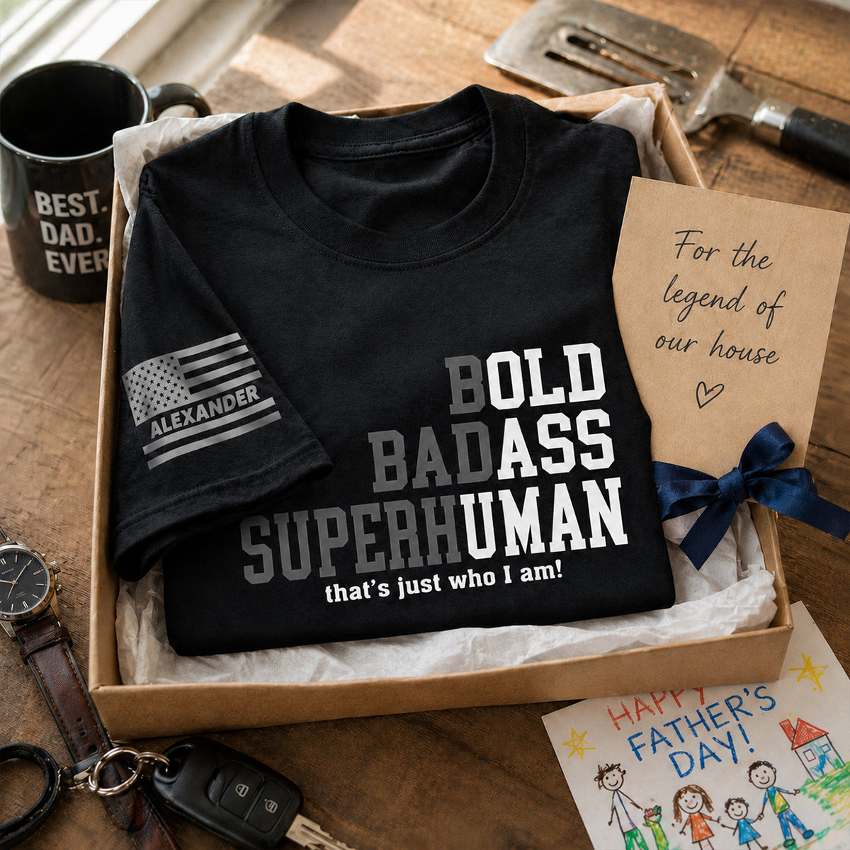 Bold Badass Superhuman Old Man - Personalized Sleeve Printed Shirt - Funny Father's Day Gift For Husband, Dad, Grandpa