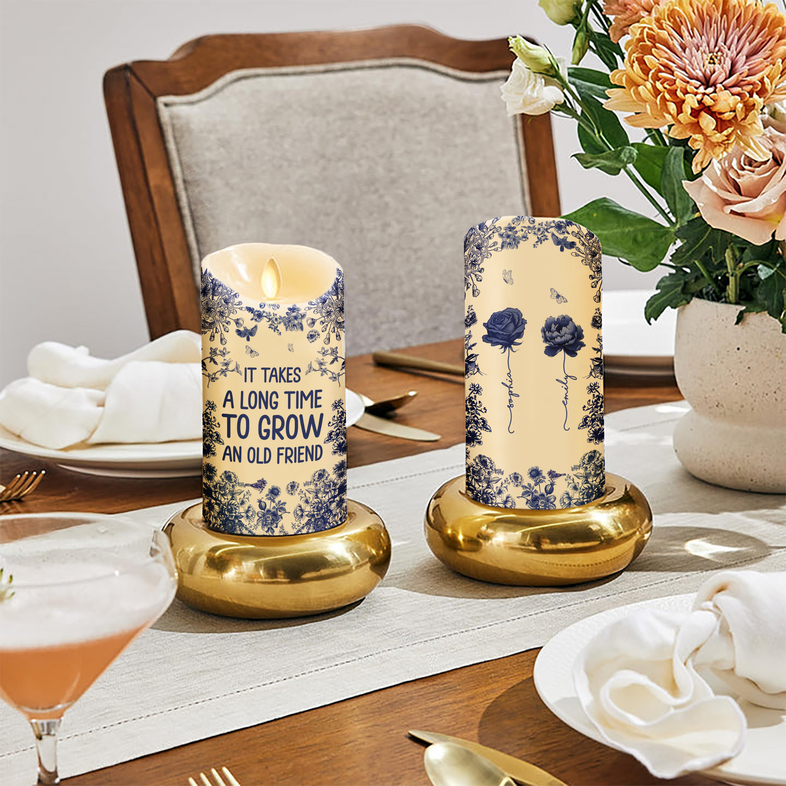 Chinoiserie Besties It Takes A Long Time To Grow Old Friends Personalized LED Candle