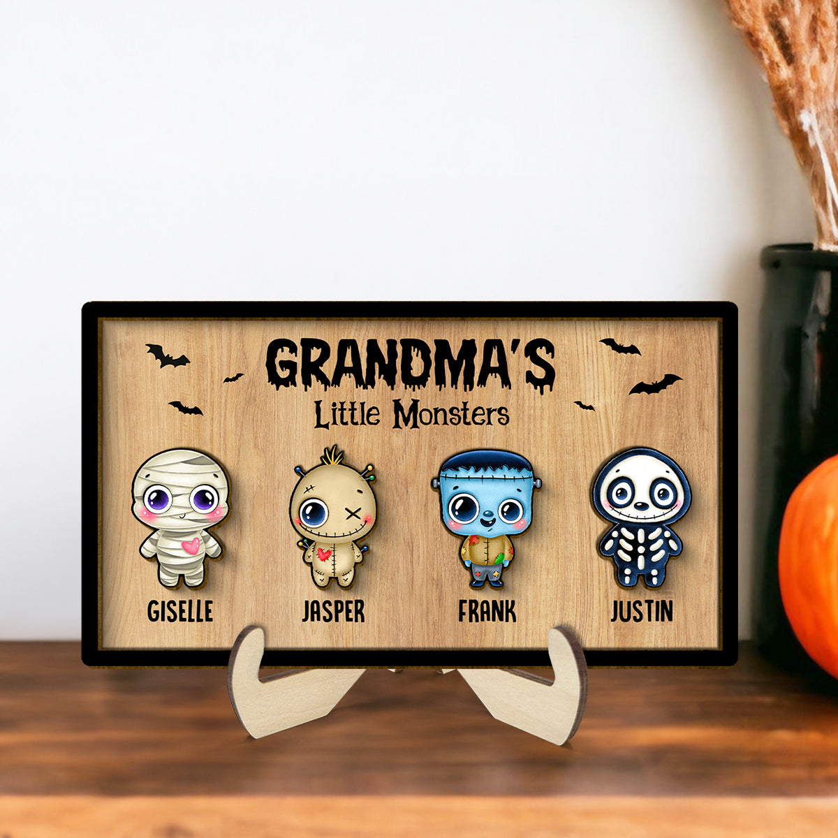 grandma's little monsters Grandma Mom Little Monsters Personalized 2-Layer Wooden Plaque, Hallow