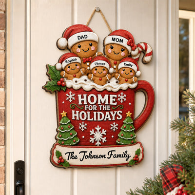 Gingerbread Family In Hot Cocoa 2D Flat - Personalized Wood Sign - Christmas Decor For Family