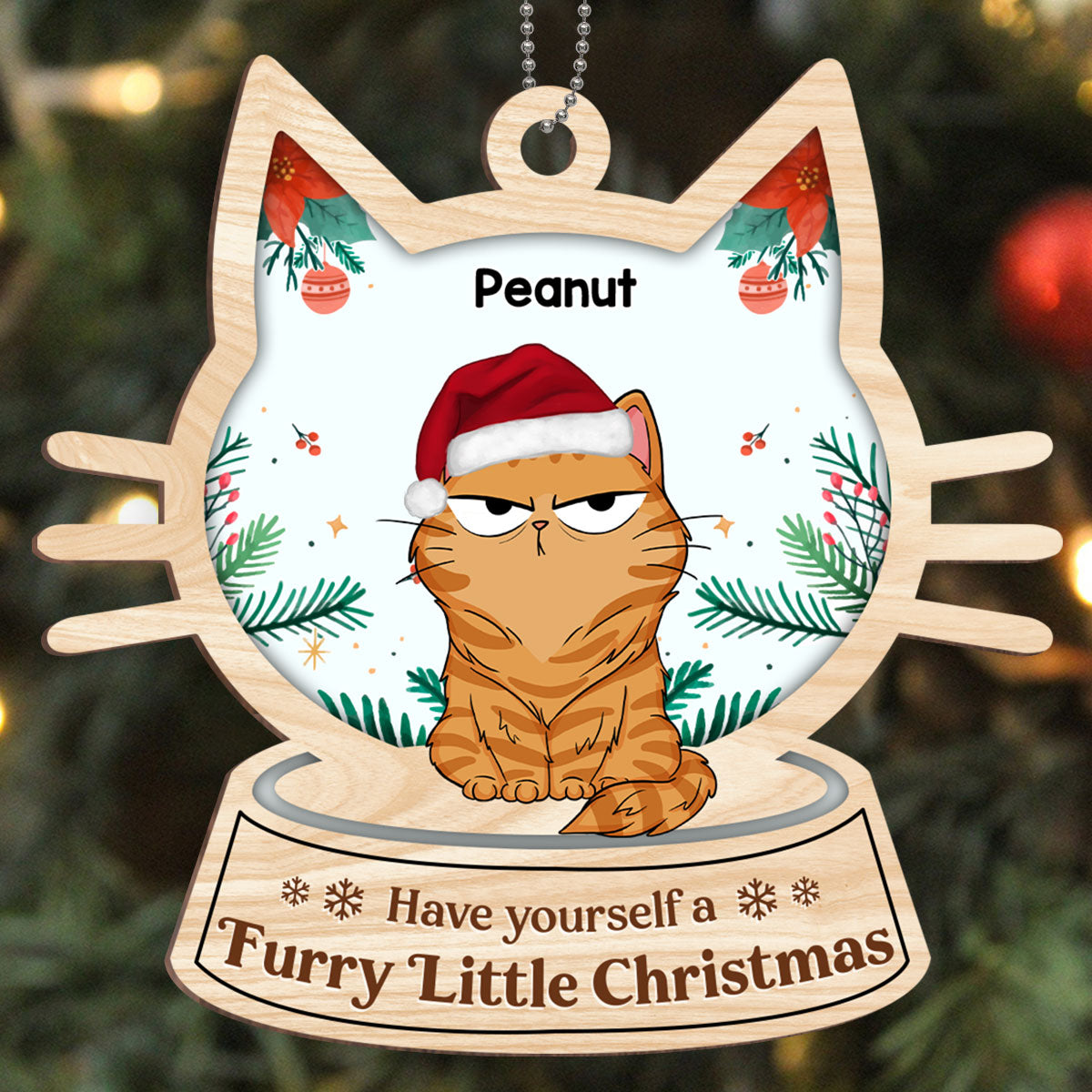 Christmas Cats Funny Expression Cat Face Globe Personalized Wooden Ornament