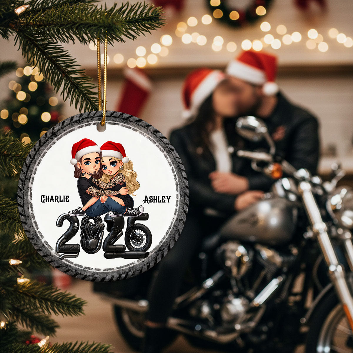 3D Effect Biker Couple Christmas - Personalized Ceramic Ornament - Gift For Bikers, Gift For Him, For Her