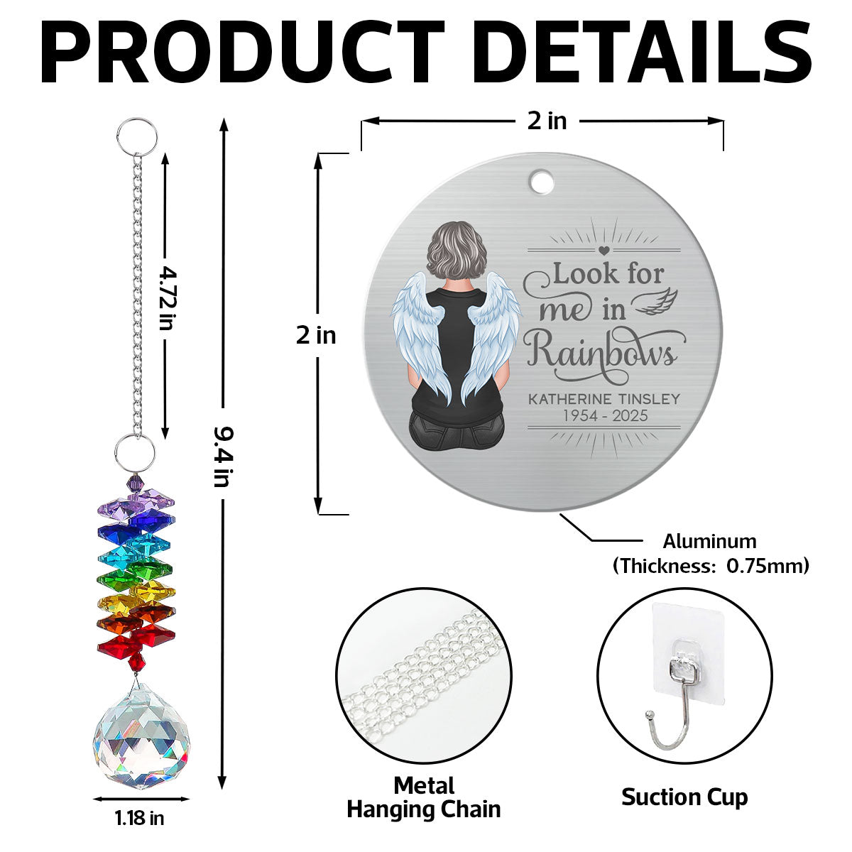Family Memorial Look For Me In Rainbows Personalized Crystal Suncatcher With Aluminum Charm