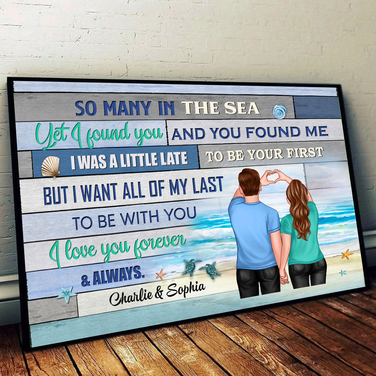 Couple Heart Hands Beach Summer Wooden Stripe Personalized Horizontal Poster