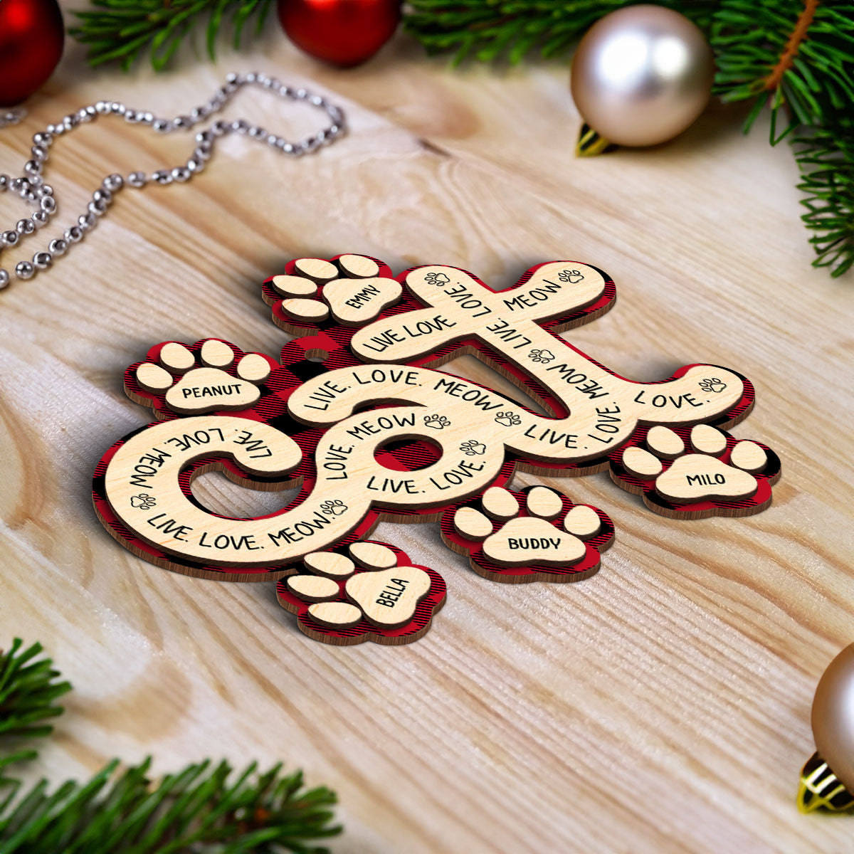 Cat Live Love Meow Paws Christmas Personalized 2-Layer Wooden Ornament, Christmas Gift for Cat Lovers
