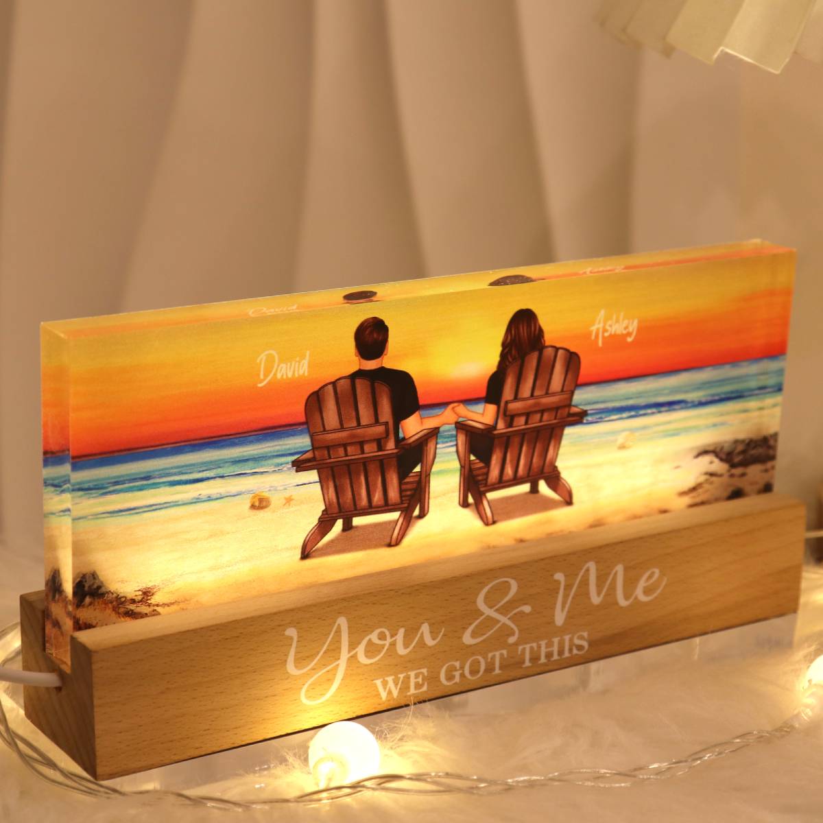 Couple Sitting At Beach Retro Personalized LED Night Light, Anniversary Gift For Couple, Gift For Husband, Wife, Dad, Mom