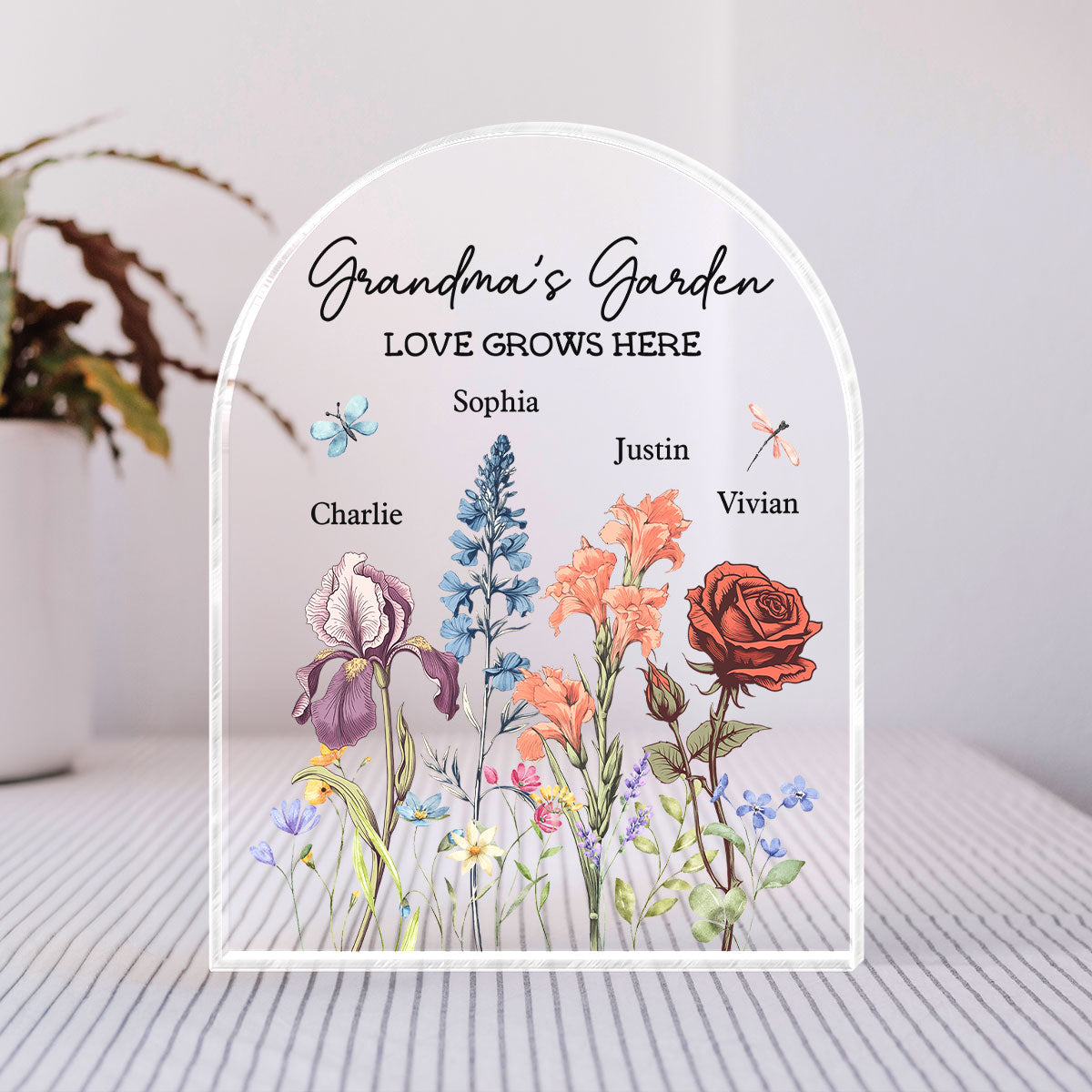 Grandma's Garden Vintage Birth Month Flowers Dome Shaped Personalized Acrylic Block Plaque, Gift For Mom, Gift For Grandma