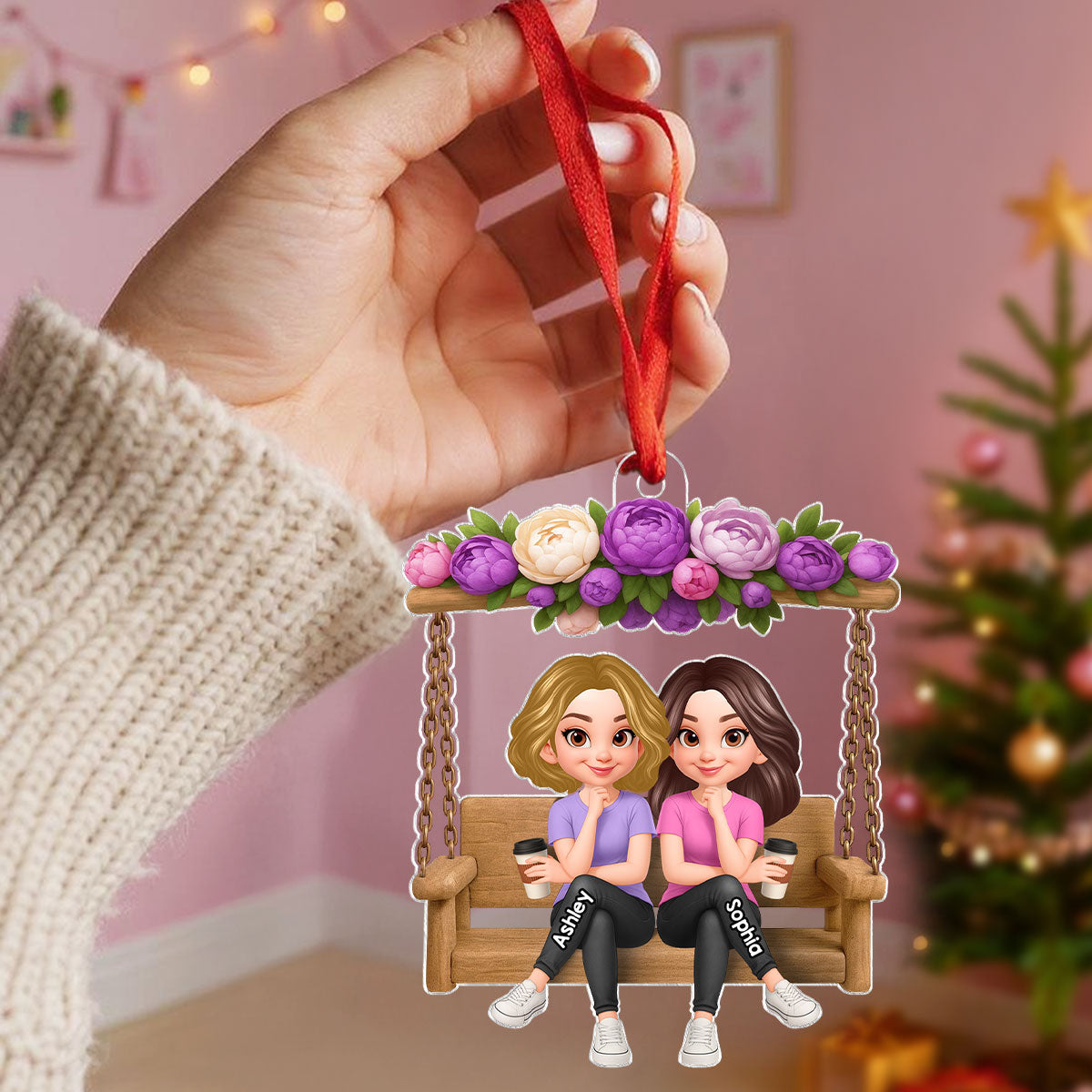 Christmas Besties Sisters On Flower Swing - Personalized Acrylic Ornament