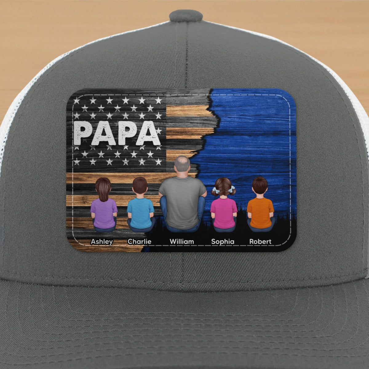 Dad Grandpa Papa Back View Sitting With Kids Half Nation Flag Personalized Leather Patch Hat