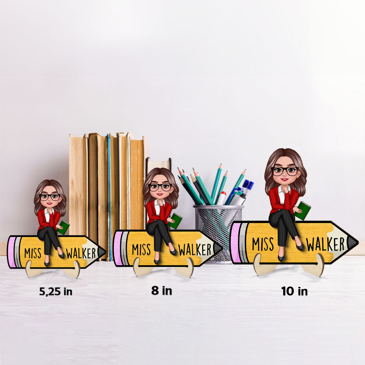 Doll Teacher Sitting On Pencil - Personalized 2-Layered Wooden Plaque - Gift For Teacher