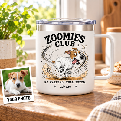 Zoomies Club Official Member Quirky Dog Portrait From Your Custom Pet Photo - Personalized Stainless Steel Tumbler With Handle - Funny Gift For Dog Cat Lover