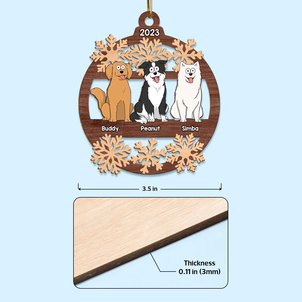 Snowflake Funny Cartoon Dogs Sitting Personalized Christmas Wooden Ornament