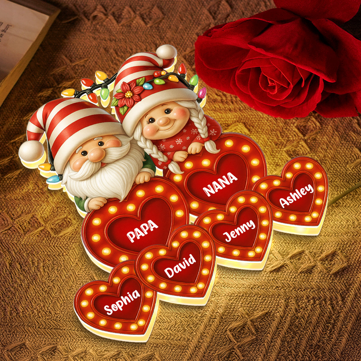 Holiday Gnomes Grandparents Grandkids Names Personalized Light Box, Christmas Decor for Grandma, Grandpa