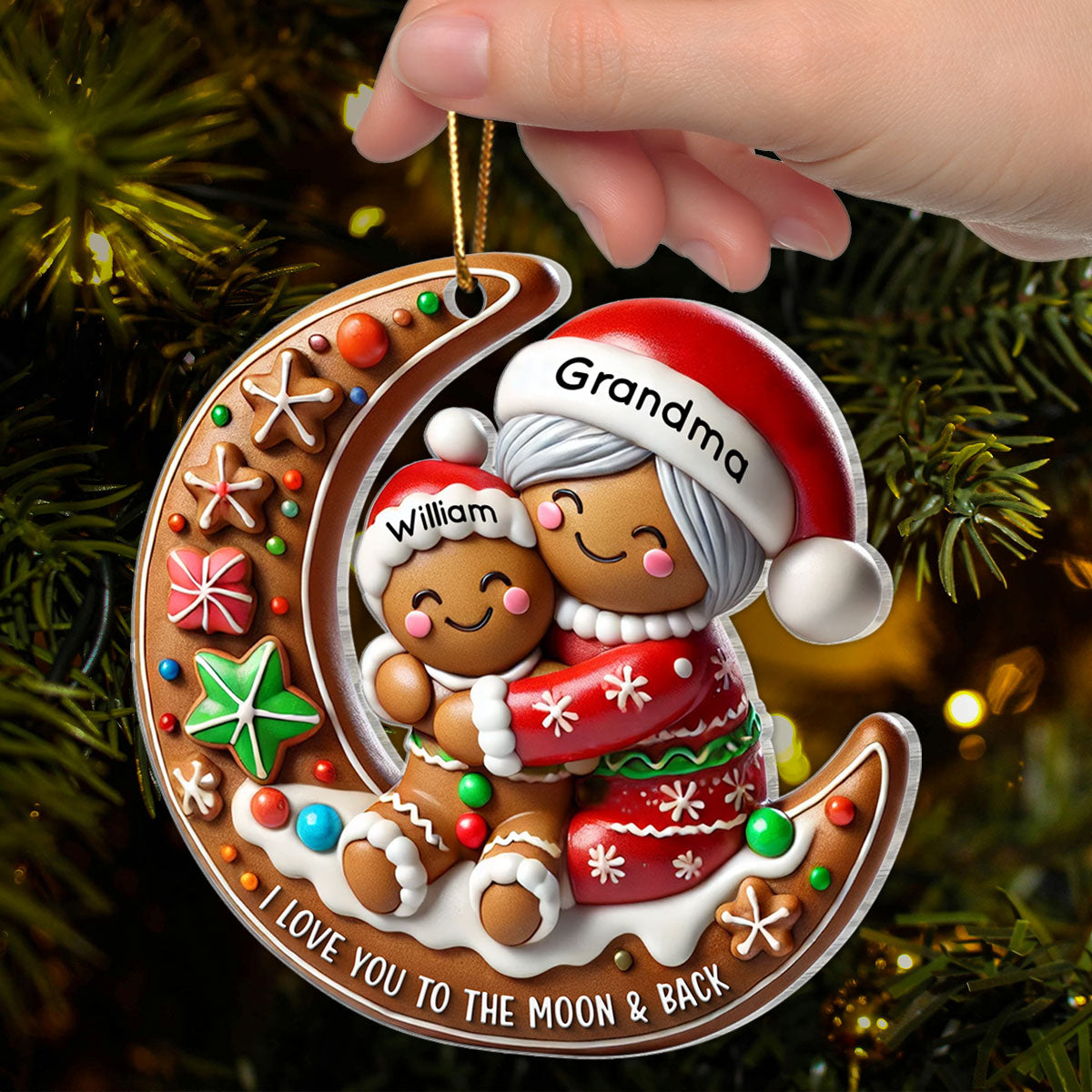 3D Effect Gingerbread Grandma Hugging Grandkid On Moon Christmas - Personalized Acrylic Ornament - Gift For Granddaughter, Grandson